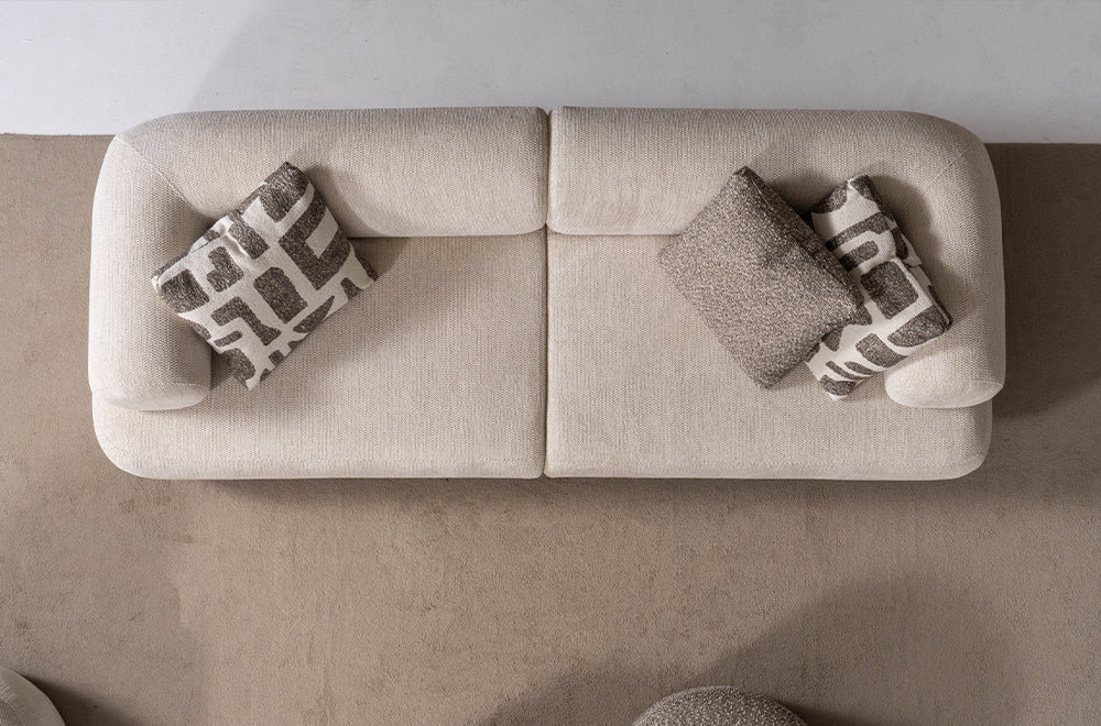 Soho Natural Krem Tedy Kumaşlı Koltuk Takımı, Sırt Mekanizması İle Yatak Olabilen Minimalist Modern Tasarım, Yuvarlak Hatlı