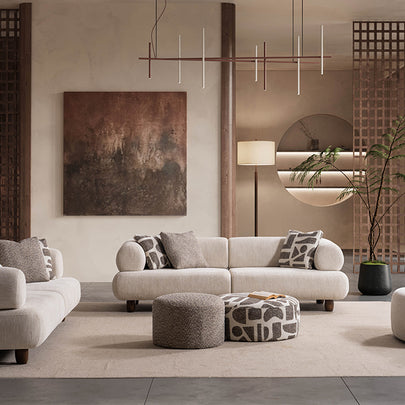Soho Natural Krem Tedy Kumaşlı Koltuk Takımı, Minimalist Modern Tasarım, Yuvarlak Hatlı Puf Detayı