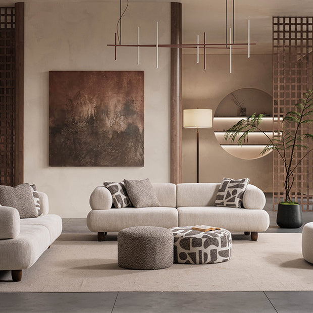 Soho Natural Krem Tedy Kumaşlı Koltuk Takımı, Minimalist Modern Tasarım, Yuvarlak Hatlı Puf Detayı