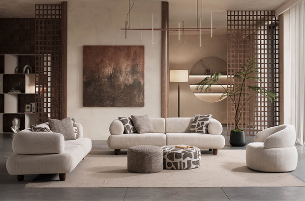 Soho Natural Krem Tedy Kumaşlı Koltuk Takımı, Minimalist Modern Tasarım, Yuvarlak Hatlı Puf Detayı