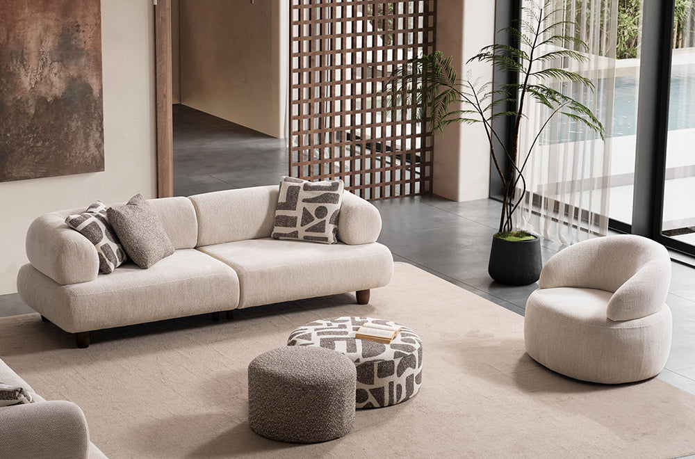 Soho Natural Krem Tedy Kumaşlı Koltuk Takımı, Minimalist Modern Tasarım, Yuvarlak Hatlı Puf Detayı