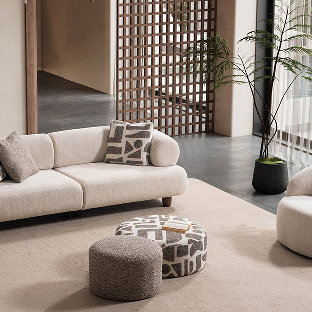 Soho Natural Krem Tedy Kumaşlı Koltuk Takımı, Minimalist Modern Tasarım, Yuvarlak Hatlı Puf Detayı