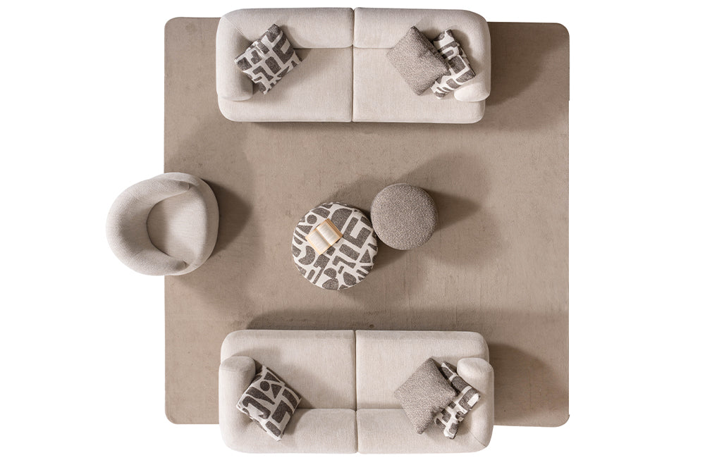 Soho Natural Krem Tedy Kumaşlı Koltuk Takımı, Minimalist Modern Tasarım, Yuvarlak Hatlı Puf Detayı