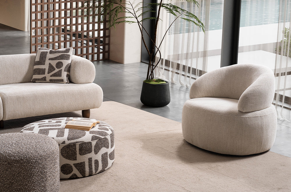 Soho Natural Krem Tedy Kumaşlı Koltuk Takımı, Minimalist Modern Tasarım, Yuvarlak Hatlı Berjer