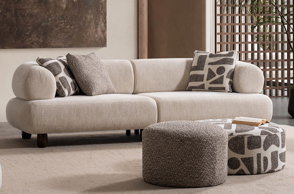 Soho Natural Krem Tedy Kumaşlı Koltuk Takımı, Minimalist Modern Tasarım, Yuvarlak Hatlı Puf Detayı