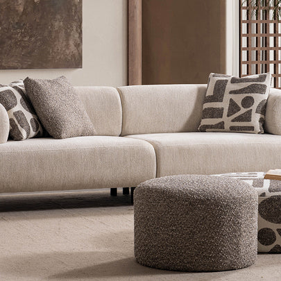 Soho Natural Krem Tedy Kumaşlı Koltuk Takımı, Minimalist Modern Tasarım, Yuvarlak Hatlı Puf Detayı