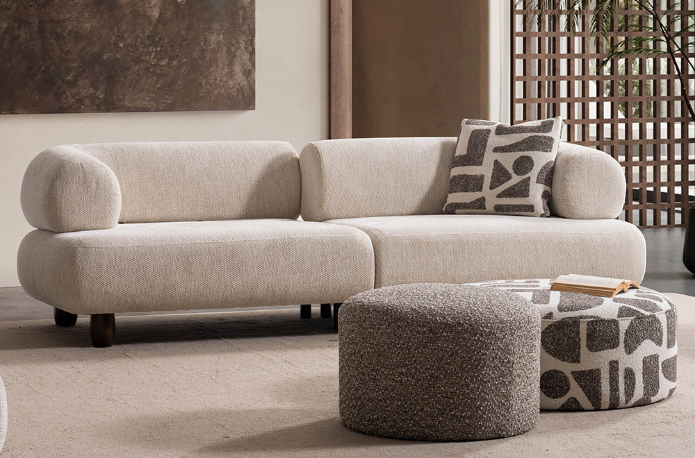 Soho Natural Krem Tedy Kumaşlı Koltuk Takımı, Sırt Mekanizması İle Yatak Olabilen Minimalist Modern Tasarım, Yuvarlak Hatlı Puf Detayı
