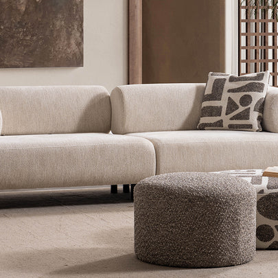 Soho Natural Krem Tedy Kumaşlı Koltuk Takımı, Sırt Mekanizması İle Yatak Olabilen Minimalist Modern Tasarım, Yuvarlak Hatlı Puf Detayı