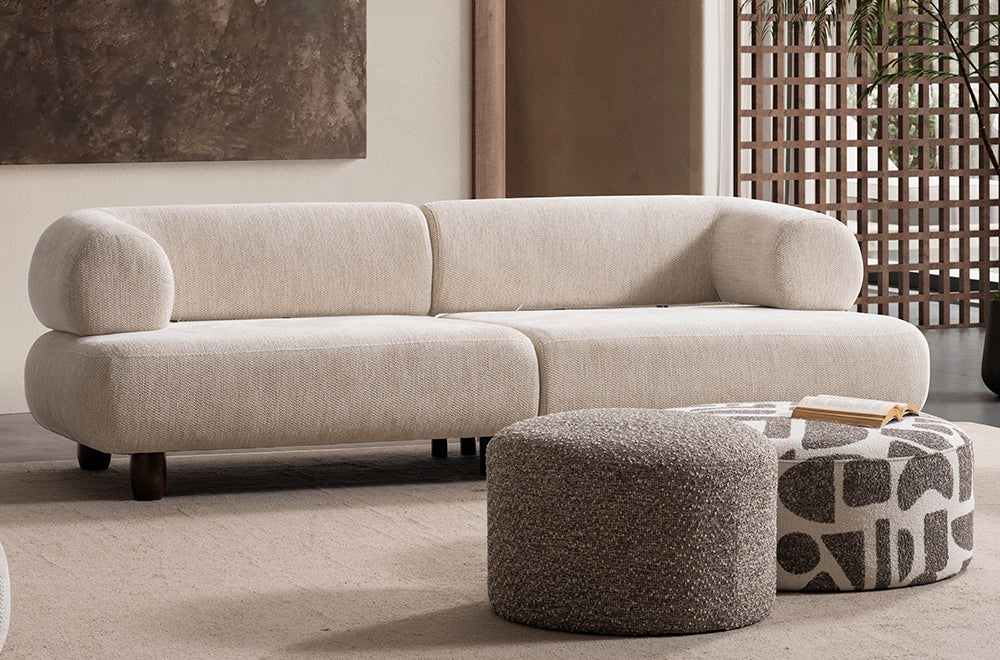 Soho Natural Krem Tedy Kumaşlı Koltuk Takımı, Sırt Mekanizması İle Yatak Olabilen Minimalist Modern Tasarım, Yuvarlak Hatlı Puf Detayı