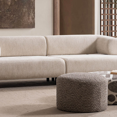 Soho Natural Krem Tedy Kumaşlı Koltuk Takımı, Sırt Mekanizması İle Yatak Olabilen Minimalist Modern Tasarım, Yuvarlak Hatlı Puf Detayı