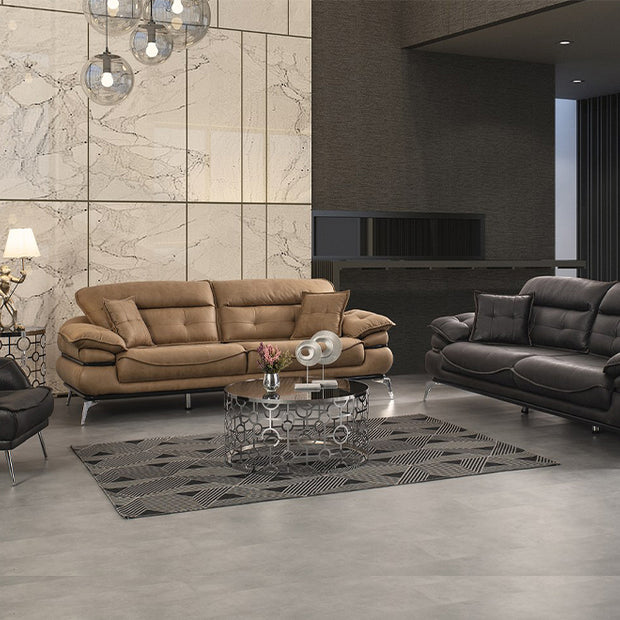 Tesla Taba ve Koyu Gri Koltuk Takımı, Metal Ayaklı, Lüks ve Modern Deri Görünümlü Tasarım