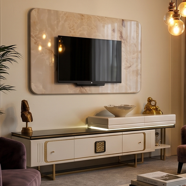 Valessia TV ünitesi gold renk metal ayaklı TV ünitesi modeli