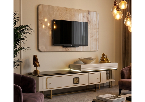 Valessia TV ünitesi gold renk metal ayaklı TV ünitesi modeli