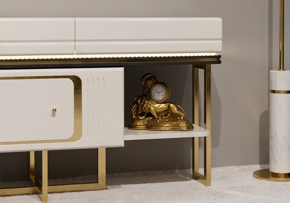 Valessia TV ünitesi gold renk metal ayaklı TV ünitesi modeli