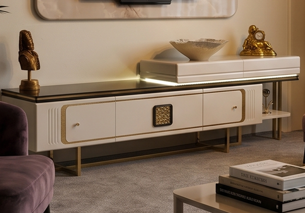 Valessia TV ünitesi gold renk metal ayaklı TV ünitesi modeli