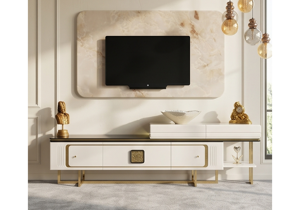 Valessia TV ünitesi gold renk metal ayaklı TV ünitesi modeli