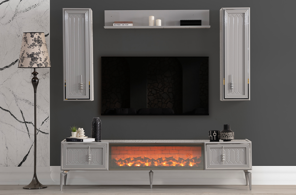 Modern bir salonda gri ve gümüş renkte detayları Velar TV Ünitesi