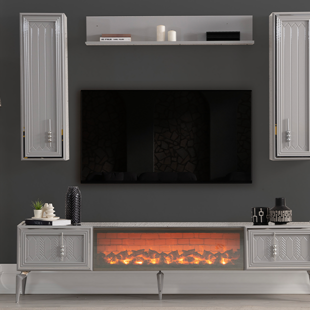 Modern bir salonda gri ve gümüş renkte detayları Velar TV Ünitesi