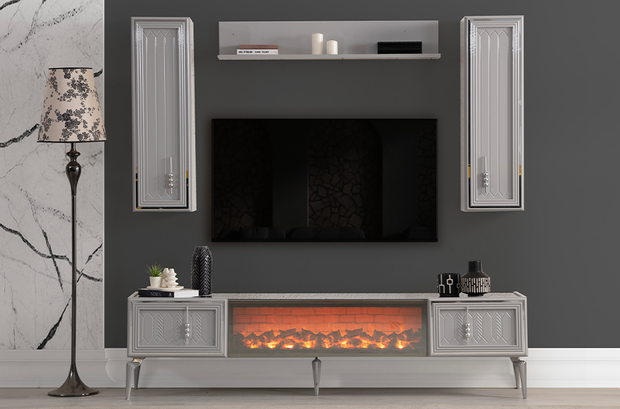 Modern bir salonda gri ve gümüş renkte detayları Velar TV Ünitesi