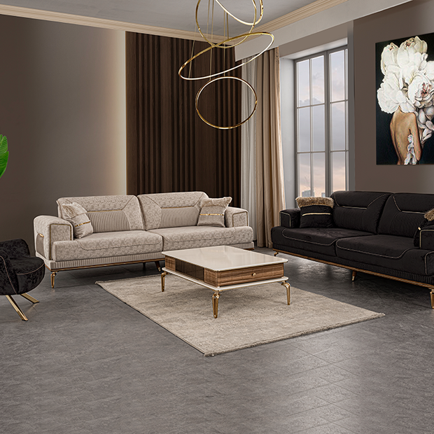 Velar koltuk takımı gold detaylı modern salon tasarımı