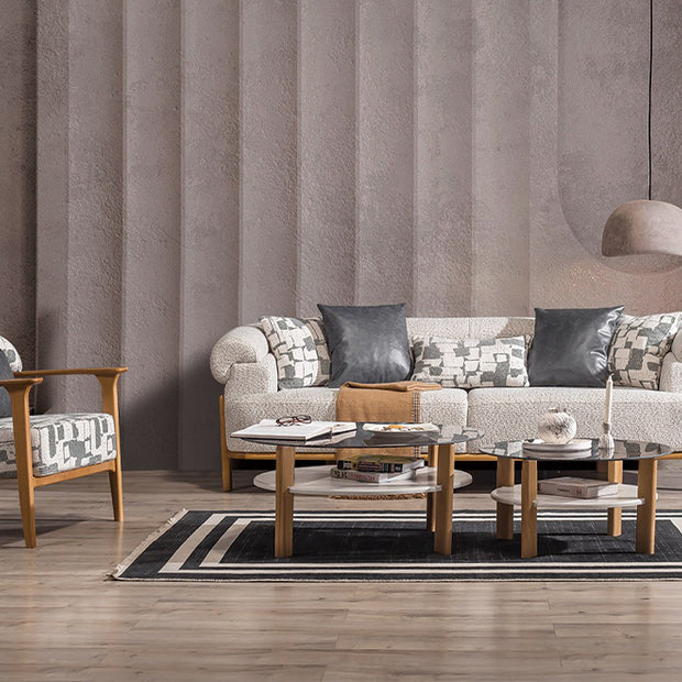 Venedik İskandinav Koltuk Takımı, Ahşap İskeletli Modern Tasarım, Açık Bej Rengi Oturma Grubu