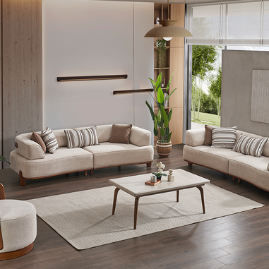 Vizyon koltuk takımı krem ve ahşap detaylı salon