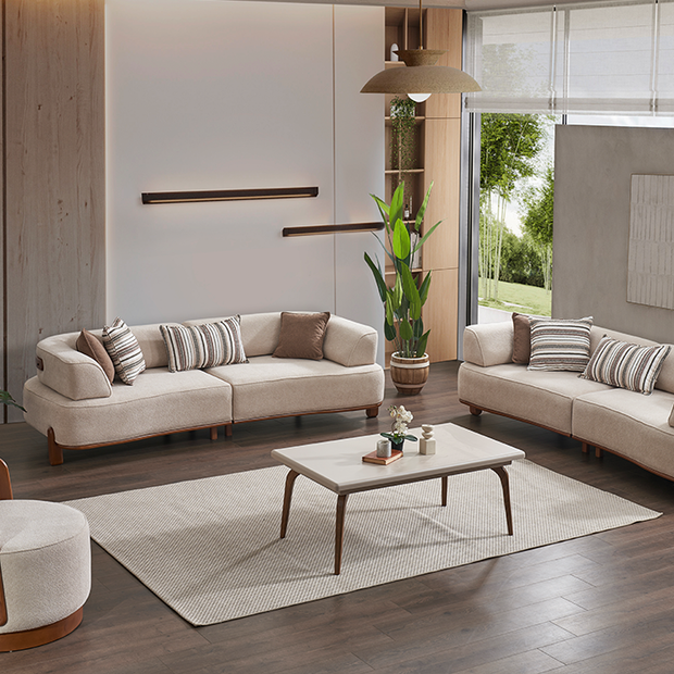Vizyon koltuk takımı krem ve ahşap detaylı salon