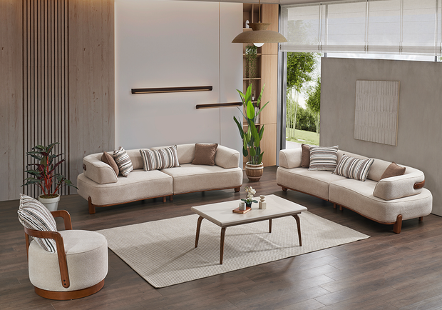 Vizyon koltuk takımı krem ve ahşap detaylı salon