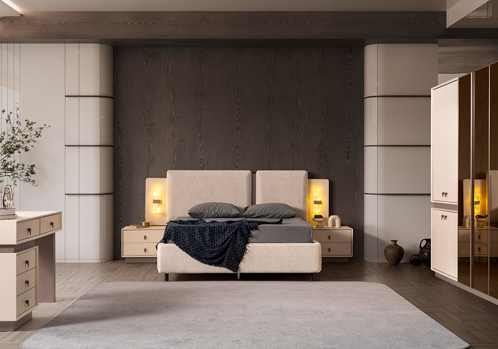 Minimal modern yatak odası Yakut krem karyola ve komodin