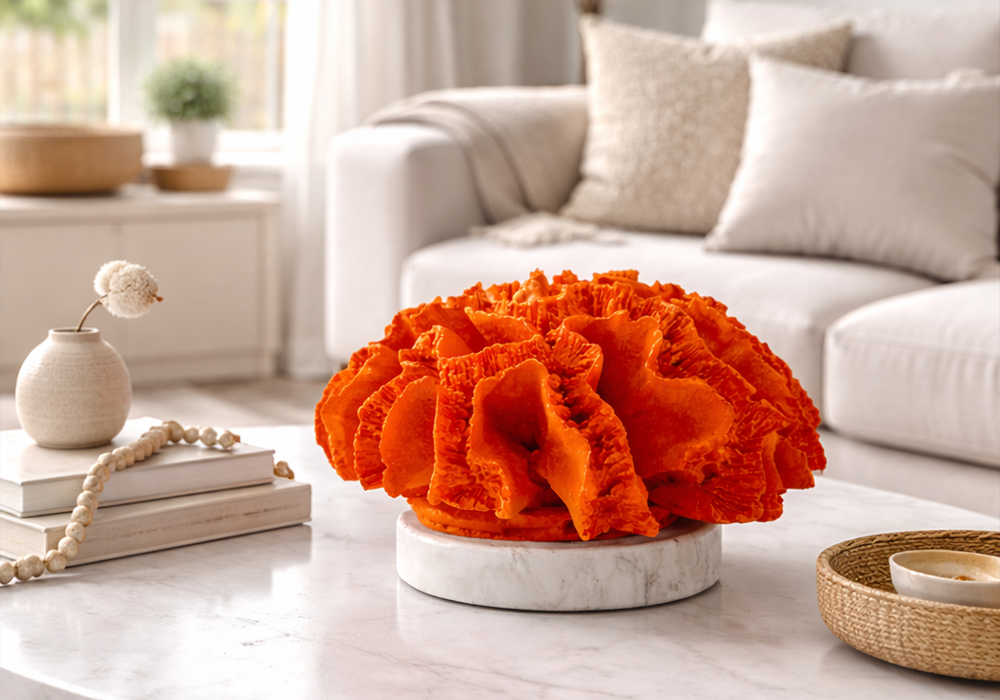 Orta Sehpa üzerinde dekoratif obje turuncu renkte yuvarlak mercan 