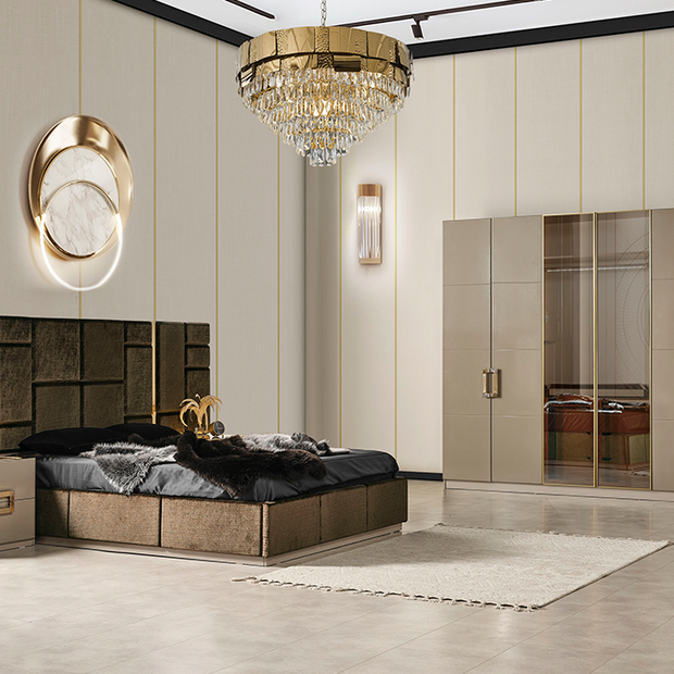 Zen yatak odası takımı gold metal detaylı bej tasarım