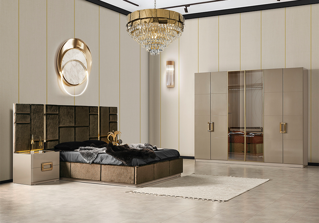Zen yatak odası takımı gold metal detaylı bej tasarım