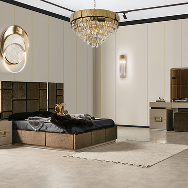 Zen yatak odası takımı gold metal detaylı bej tasarım