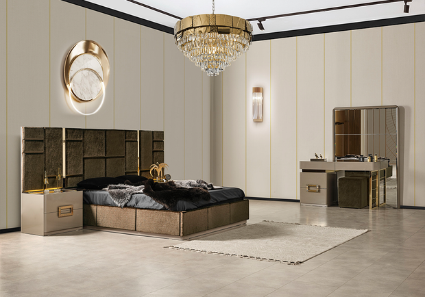 Zen yatak odası takımı gold metal detaylı bej tasarım