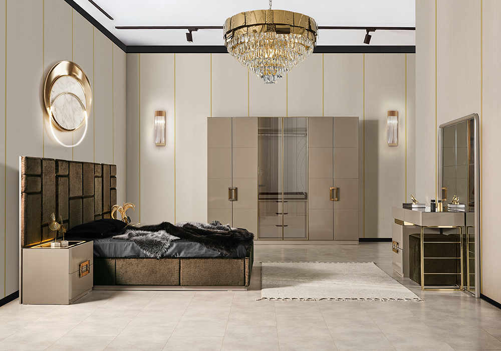 Zen yatak odası takımı gold metal detaylı bej tasarım