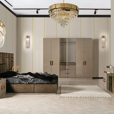 Zen yatak odası takımı gold metal detaylı bej tasarım