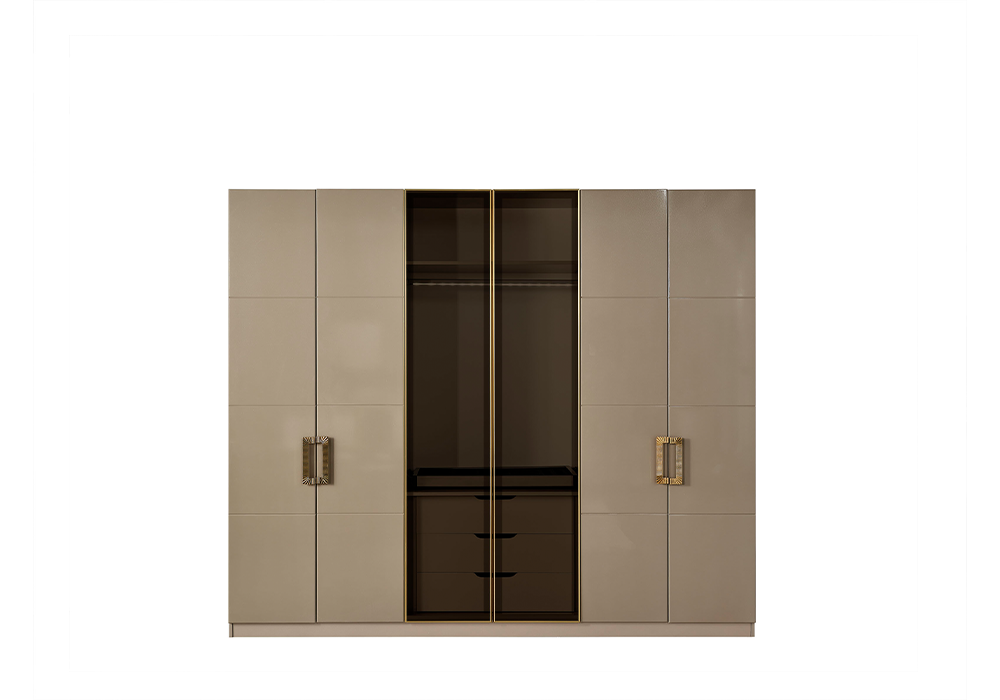Modern bej yatak odası gold metal detaylı gardrop 
