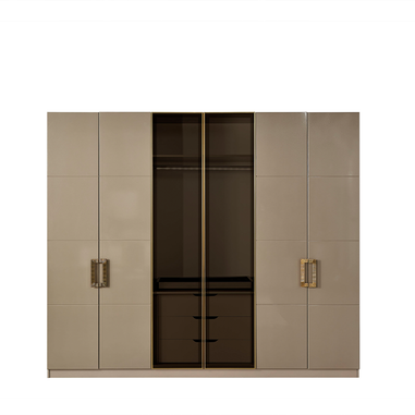 Modern bej yatak odası gold metal detaylı gardrop 