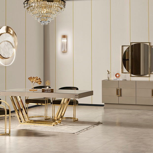Zen yemek odası takımı gold ve bej detaylı modern tasarım