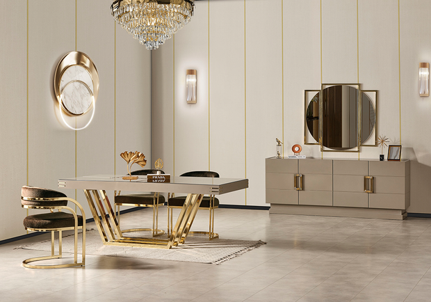 Zen yemek odası takımı gold ve bej detaylı modern tasarım