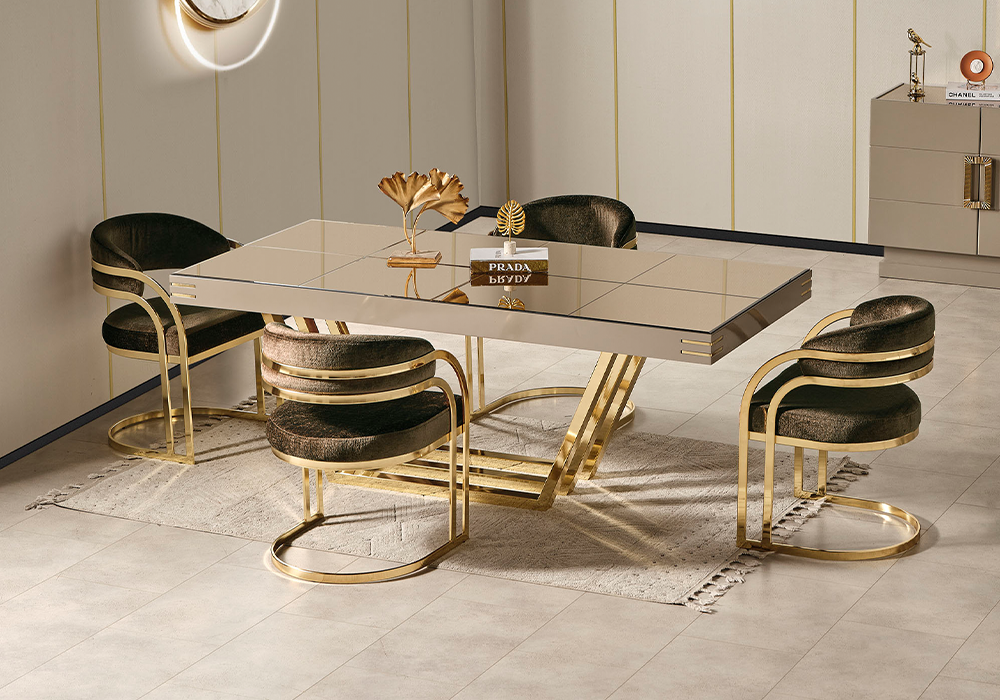 Modern yemek odası takımı gold metal ayaklı bej masa ve sandalye