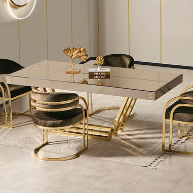 Modern yemek odası takımı gold metal ayaklı bej masa ve sandalye