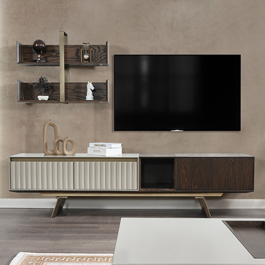 Zeta TV ünitesi modern koyu ceviz krem tasarım