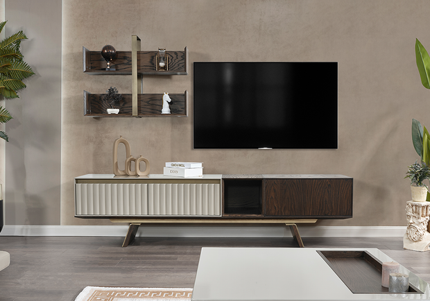 Zeta TV ünitesi modern koyu ceviz krem tasarım